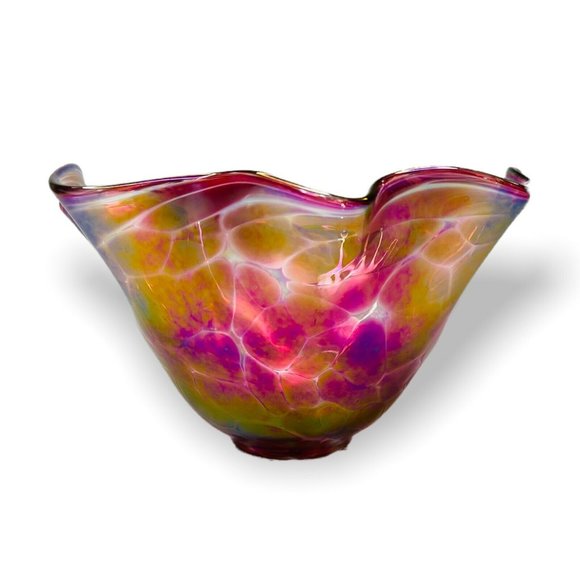Glass Eye Studio Hand Blown Art Glass Bowl Iridescent Pink Purple Ruffled Edge - Picture 6 of 10